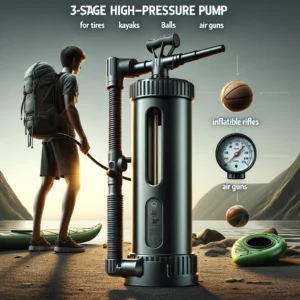 DALL·E 2024 04 01 05.19.19 Visualize a 3 stage high pressure hand pump with a pressure gauge designed for tires kayaks balls inflatable rifles and air guns capable of reach 1