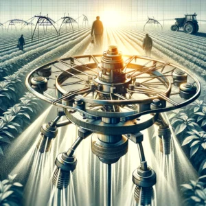 DALL·E 2024 04 01 05.28.42 Visualize an agricultural turbine vortex rod metal rocker sprinkler designed for agricultural spraying and industrial dust removal. This piece of gar 1