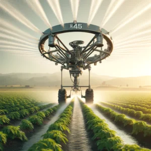 DALL·E 2024 04 01 05.44.23 Visualize a robust and powerful H45 Big Rain Gun Sprinkler system in action on a vast farmland. The scene captures the sprinklers strong metal struct 1