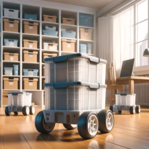 DALL·E 2024 04 01 05.48.54 Visualize a practical and innovative storage solution featuring the SMR88 directional wheel accessories. These small plastic one way wheels are desi 1