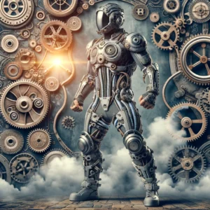 DALL·E 2024 04 01 05.52.46 Visualize a futuristic mechanical armour jumpsuit designed as a cool fighter cosplay bodysuit. This 3D printed steampunk costume features intricate m 1