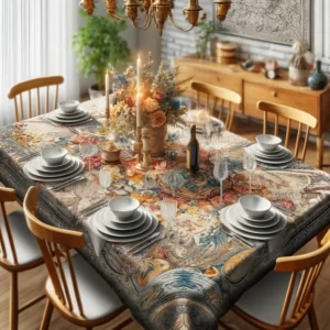 DALL·E 2024 04 01 06.02.54 Visualize a beautifully set dining table covered with a stylish and waterproof PVC tablecloth from Europe. The tablecloth features an intricate print 1