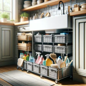 DALL·E 2024 04 01 06.06.39 Visualize a practical storage solution for kitchen and bathroom sinks cabinets featuring storage boxes and shelves with a pulley system for easy acce 1