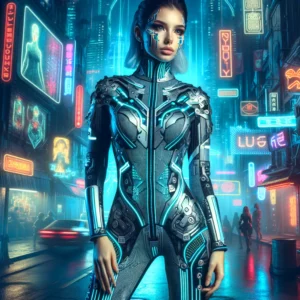 DALL·E 2024 04 01 06.47.54 Een futuristische setting waarin een vrouw de Robot Punk Jumpsuit draagt geinspireerd op cyberpunk en zentai. De jumpsuit is gedetailleerd met futuri 1