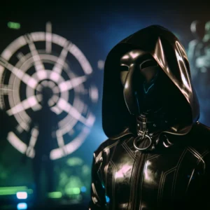 DALL·E 2024 04 01 06.52.41 Een persoon staat trots met een 100 latex hood in een zwarte kleur in een setting die de sfeer van een cosplay evenement of een mysterieus gemaskerd 1
