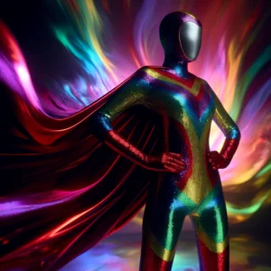 DALL·E 2024 04 01 06.59.58 Een artistieke weergave van een glanzende kleurrijke bodysuit met een cape geplaatst tegen een abstracte kleurrijke achtergrond die kracht en dynam 1