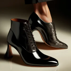 DALL·E 2024 04 02 05.44.14 Een stijlvolle en elegante afbeelding van designer hoge hakken met een spitse neus en dunne hak uitgevoerd in glanzend zwart lakleer. De schoenen sta 1
