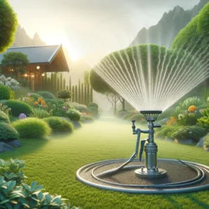 DALL·E 2024 04 02 05.52.55 Een levendige en informatieve afbeelding die een tuin laat zien die wordt geirrigeerd door de Zinc Alloy Remote Spray Gun Rocker Sprinkler. De sprinkl 1