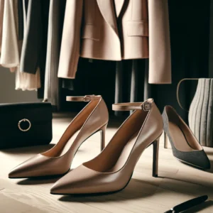 DALL·E 2024 04 02 06.19.27 Een stijlvolle en elegante afbeelding van de Crossdresser Basic Pumps met hun kenmerkende 15cm dunne hakken en spitse neus. De schoenen zijn geplaats 1