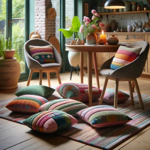 DALL·E 2024 04 02 07.08.59 Een gezellige en uitnodigende afbeelding die de dikke multicolor stoelkussens illustreert geplaatst op diverse stoelen binnen een huiselijke omgevin 1