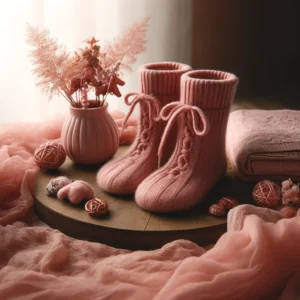 DALL·E 2024 04 03 08.30.17 Een zachte en romantische presentatie van handgemaakte roze dijlaarzen tegen een sfeervolle en elegante achtergrond. De laarzen schitteren met hun del 1