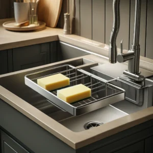 DALL·E 2024 04 04 08.11.09 A sleek modern kitchen setting showcasing a stainless steel sponge rack attached to the inside of a sink. The rack holds a couple of sponges demonst 1
