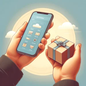 DALL·E 2024 04 04 15.12.17 An illustration showing two hands one holding a smartphone displaying an online shopping app with a clear user friendly interface and the other han 1
