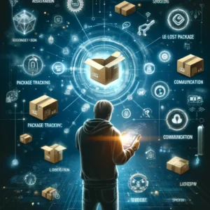 DALL·E 2024 04 06 16.29.18 Create an image that depicts the process of seeking help for a lost package from an online shopping platform. The visual should illustrate a shopper u 1