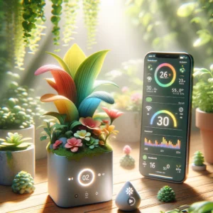 DALL·E 2024 04 09 08.27.41 Een levendige en inspirerende afbeelding die de Slimme Plantenmonitor illustreert ingezet in een bloeiende plantenomgeving. De afbeelding toont de mo 1