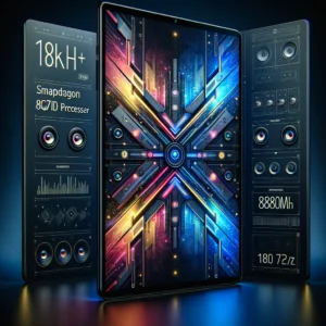 DALL·E 2024 04 10 06.35.47 Create an image of a sleek and modern tablet with a Snapdragon 870 processor 11 inch WQHD display and 144Hz refresh rate. It should look powerful a 1