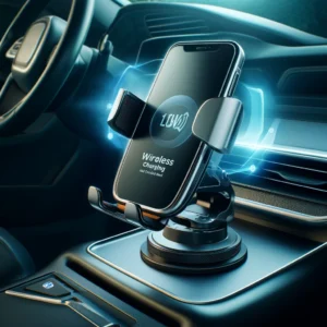 DALL·E 2024 04 10 06.39.12 Create an image of a modern car phone holder that features wireless charging and auto clamping capabilities. It should look sleek and sophisticated p 1