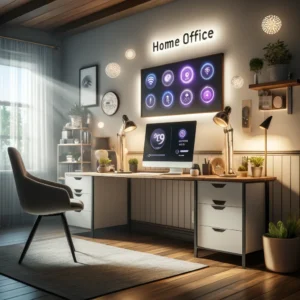 DALL·E 2024 04 12 05.53.50 Visualize an ideal home office setup enhanced by smart lighting solutions. The office features a sleek desk with a modern computer setup. Above the de 1