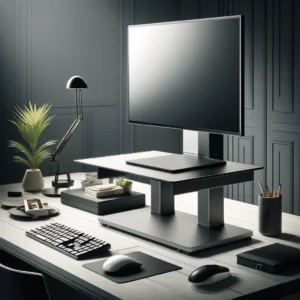 DALL·E 2024 04 12 06.17.50 Visualize a sleek and modern computer monitor stand designed to elevate a monitor for an optimal viewing angle in a home office setting. The stand is 1