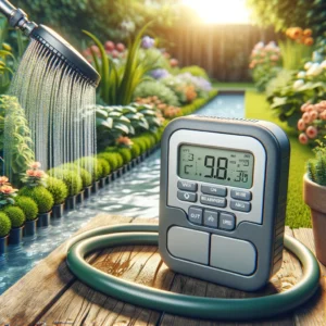 DALL·E 2024 04 12 06.28.39 Visualize an automatic water timer designed for efficient garden irrigation. The device is compact made of durable materials and features a digital 1