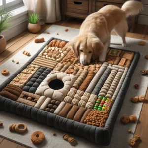 DALL·E 2024 04 12 06.41.09 Visualize a multifunctional snuffle mat for dogs that serves both as an interactive food puzzle and a comfortable resting spot. The mat is made of hig 1