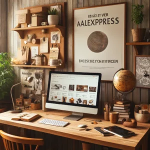 DALL·E 2024 04 12 07.47.28 Een creatieve en inspirerende werkruimte voor blogschrijven over AliExpress producten met een grote houten bureau vol met de nieuwste tech gadgets n 1