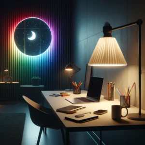 DALL·E 2024 04 12 07.51.47 Een moderne en minimalistische werkruimte bij nacht verlicht door een stijlvolle hoekvloerlamp die RGB kleuren uitstraalt. De kamer heeft een strak b 1