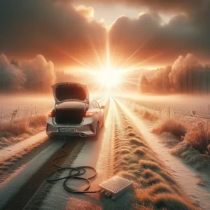 DALL·E 2024 04 12 07.57.49 Een besneeuwd landschap bij zonsopgang met een auto die op de voorgrond staat. De auto lijkt net gestart te zijn met zichtbare uitlaatgassen die wij 1