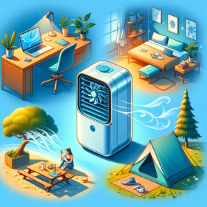 DALL·E 2024 04 12 08.01.15 Illustrate a modern sleek portable mini air conditioner. Its compact lightweight and stylish featuring a simple elegant design with a touch of v 1