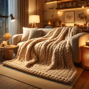 DALL·E 2024 04 12 08.07.00 Illustrate a soft comfortable artificial rabbit plush autumn warm bed blanket spread out on a cozy sofa in a modern warmly lit living room. The blan 1