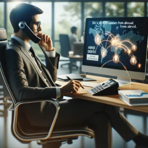 DALL·E 2024 04 14 06.33.55 A modern office setting with a business person using a phone visibly content. The scene includes a computer showing a webpage with tips on how to dia 2