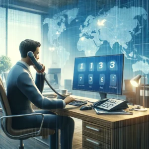 DALL·E 2024 04 14 06.54.38 A modern office setting with a business person using a computer to make international calls to Dutch toll free numbers. The person is depicted as focu 1