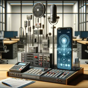 DALL·E 2024 04 14 07.30.07 A modern office setting featuring various telecommunications equipment and devices like switchboards and modems symbolizing a tech setup for a call f 20