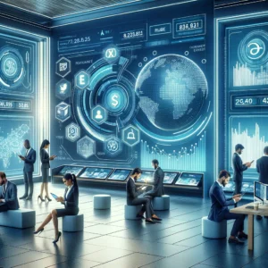 DALL·E 2024 04 14 07.36.44 A modern and sophisticated bank environment showing diverse people using digital devices for banking. The scene includes a futuristic design with scr 19