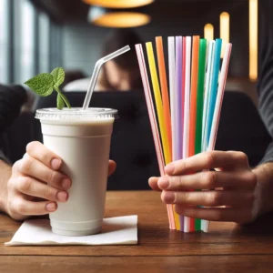 DALL·E 2024 04 14 07.45.00 A visual representation of a person in a modern restaurant discreetly using their own plastic straw brought from home instead of the provided paper s 1