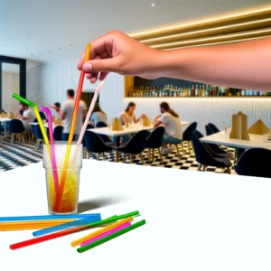 DALL·E 2024 04 14 07.49.42 A visual representation of a modern restaurant setting where a person is using a colorful plastic straw defying the ban on plastic straws in the Neth 1
