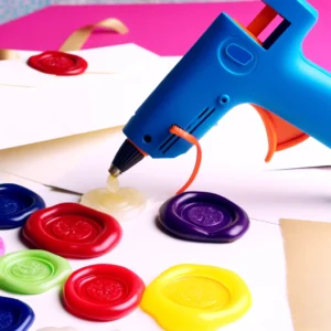 DALL·E 2024 04 14 08.26.36 A vibrant and creative display of various colored wax seals being used with a glue gun on elegant invitations and handmade gifts. The image should sho 1