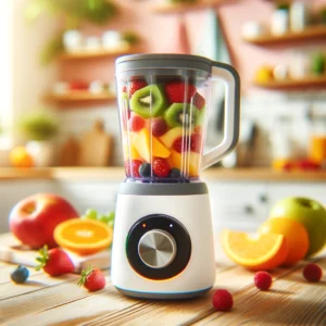 DALL·E 2024 04 15 06.17.03 A small portable blender blending fruits placed on a kitchen counter. The scene is bright and colorful showcasing the blender in a vibrant modern 1
