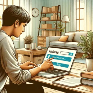 DALL·E 2024 04 15 06.22.43 A detailed illustration of a person sitting at a desk checking the address on a laptop screen before confirming an online order. The scene includes a 1