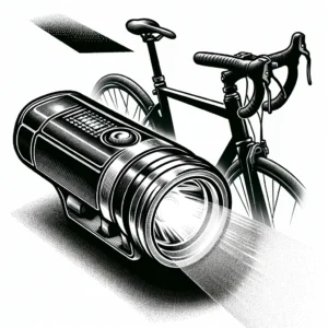 DALL·E 2024 04 15 06.27.46 A detailed illustration of a modern cycling LED light attached to the front of a bicycle. The light should be shown illuminating a dark road highligh 1
