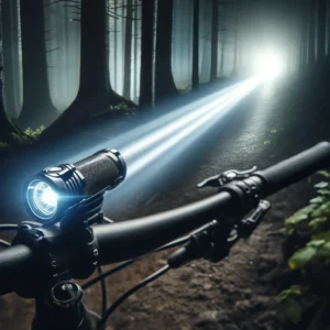 DALL·E 2024 04 15 06.32.38 An ultra bright LED bike light securely mounted on a mountain bike handlebar illuminating a dark forest path. The scene captures a sense of safety an 1