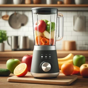 DALL·E 2024 04 15 06.40.37 A small portable blender blending fruits and vegetables on a kitchen counter illustrating its use in a healthy lifestyle setting. The blender should 1