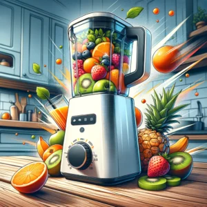 DALL·E 2024 04 15 06.53.08 A detailed and realistic illustration of a small modern portable blender in action. The blender is set in a domestic kitchen environment blending fr 1