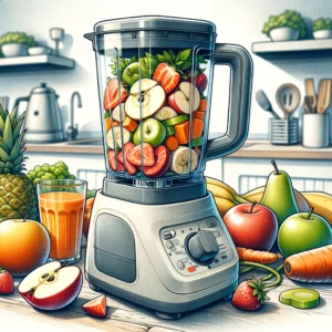 DALL·E 2024 04 15 06.55.53 A detailed and realistic illustration of a small portable blender blending fruits and vegetables. The blender is shown in action with pieces of frui 1