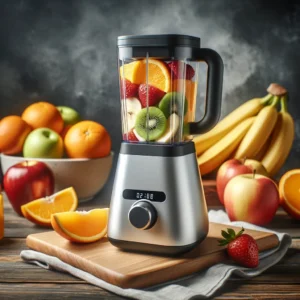 DALL·E 2024 04 15 06.59.14 A high quality image of a portable compact blender in action showing its effectiveness in blending various fruits. The blender should be depicted on 1