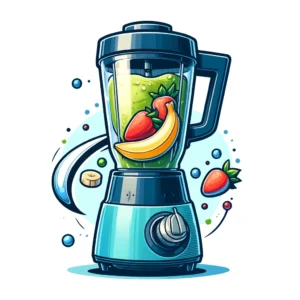 DALL·E 2024 04 15 07.01.52 A high quality illustration of a small portable blender in action making a smoothie. The blender is compact and designed for easy use on the go fea 1