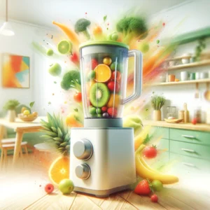 DALL·E 2024 04 15 07.04.21 A colorful and vibrant scene depicting a small portable blender in action. The blender is shown blending a variety of fruits and vegetables showcasi 1