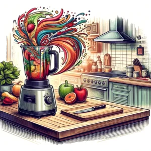 DALL·E 2024 04 15 07.06.54 A detailed and colorful illustration of a modern kitchen with a small portable blender in action on the countertop. The kitchen is well equipped wit 1