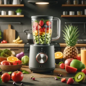DALL·E 2024 04 15 07.46.42 A modern compact kitchen blender in action blending a variety of colorful fruits and vegetables. The scene should look busy yet organized showcasin 1