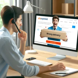 DALL·E 2024 04 15 19.09.40 A helpful customer service agent assisting a frustrated customer online about a wrong delivery showing a computer screen with AliExpress website with 1